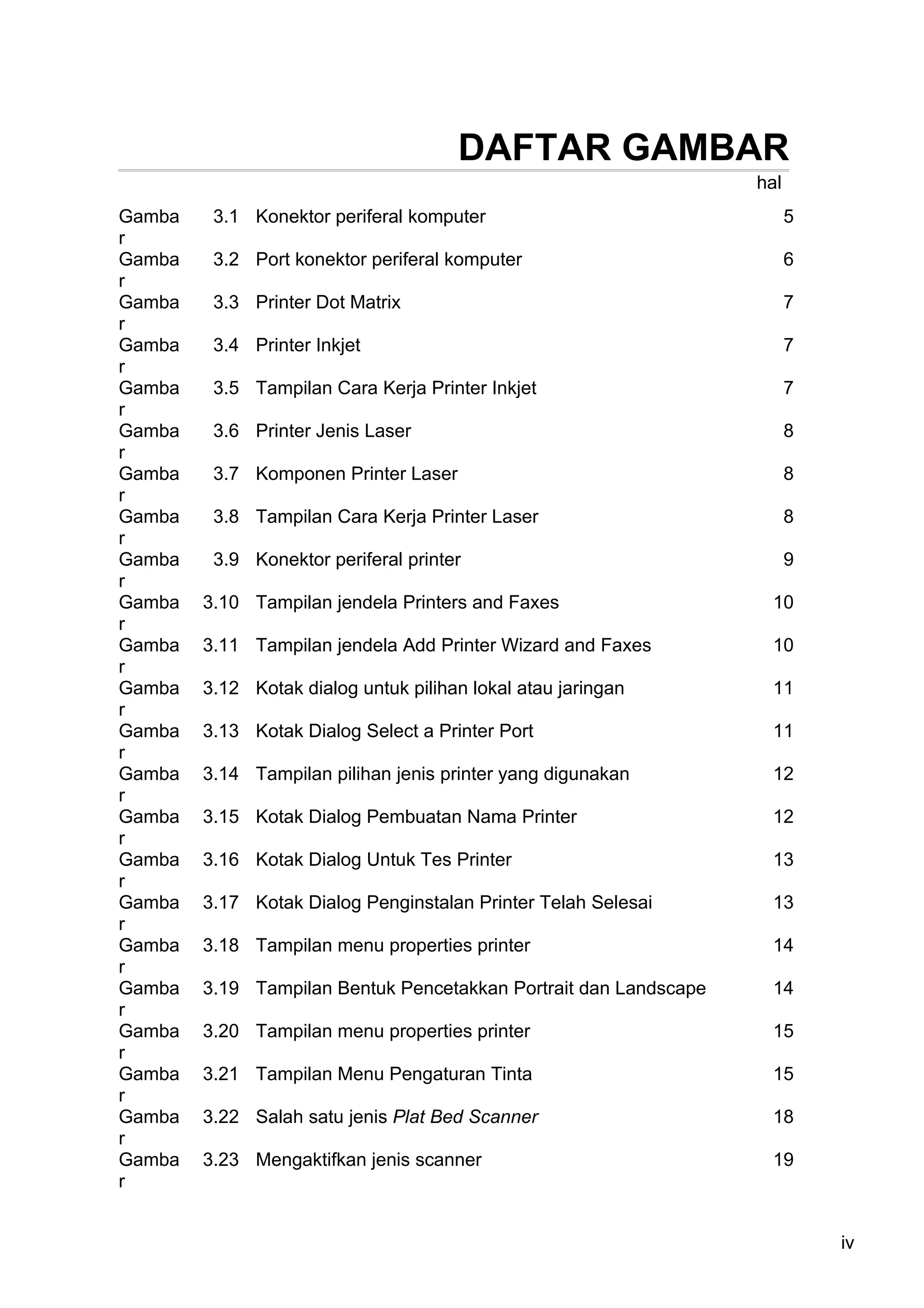 DAFTAR GAMBAR
                                                                  hal
Gamba    3.1 Konektor periferal komputer                                5
r
Gamba    3.2 Port konektor periferal komputer                           6
r
Gamba    3.3 Printer Dot Matrix                                         7
r
Gamba    3.4 Printer Inkjet                                             7
r
Gamba    3.5 Tampilan Cara Kerja Printer Inkjet                         7
r
Gamba    3.6 Printer Jenis Laser                                        8
r
Gamba    3.7 Komponen Printer Laser                                     8
r
Gamba    3.8 Tampilan Cara Kerja Printer Laser                          8
r
Gamba    3.9 Konektor periferal printer                                 9
r
Gamba   3.10 Tampilan jendela Printers and Faxes                   10
r
Gamba   3.11 Tampilan jendela Add Printer Wizard and Faxes         10
r
Gamba   3.12 Kotak dialog untuk pilihan lokal atau jaringan        11
r
Gamba   3.13 Kotak Dialog Select a Printer Port                    11
r
Gamba   3.14 Tampilan pilihan jenis printer yang digunakan         12
r
Gamba   3.15 Kotak Dialog Pembuatan Nama Printer                   12
r
Gamba   3.16 Kotak Dialog Untuk Tes Printer                        13
r
Gamba   3.17 Kotak Dialog Penginstalan Printer Telah Selesai       13
r
Gamba   3.18 Tampilan menu properties printer                      14
r
Gamba   3.19 Tampilan Bentuk Pencetakkan Portrait dan Landscape    14
r
Gamba   3.20 Tampilan menu properties printer                      15
r
Gamba   3.21 Tampilan Menu Pengaturan Tinta                        15
r
Gamba   3.22 Salah satu jenis Plat Bed Scanner                     18
r
Gamba   3.23 Mengaktifkan jenis scanner                            19
r


                                                                            iv
 