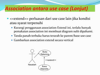 Association antara use case (Lanjut)
 <<extend>> perluasan dari use case lain jika kondisi
atau syarat terpenuhi
 Kurangi penggunaan association Extend ini, terlalu banyak
pemakaian association ini membuat diagram sulit dipahami.
 Tanda panah terbuka harus terarah ke parent/base use case
 Gambarkan association extend secara vertical
Buka
Rekening
<<extend>>
Buka
Deposito
Nasabah
 