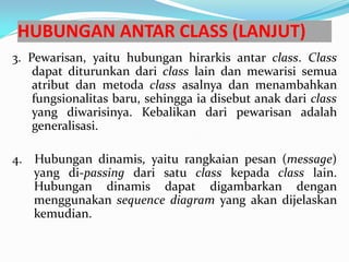 HUBUNGAN ANTAR CLASS (LANJUT)
3. Pewarisan, yaitu hubungan hirarkis antar class. Class
dapat diturunkan dari class lain dan mewarisi semua
atribut dan metoda class asalnya dan menambahkan
fungsionalitas baru, sehingga ia disebut anak dari class
yang diwarisinya. Kebalikan dari pewarisan adalah
generalisasi.
4. Hubungan dinamis, yaitu rangkaian pesan (message)
yang di-passing dari satu class kepada class lain.
Hubungan dinamis dapat digambarkan dengan
menggunakan sequence diagram yang akan dijelaskan
kemudian.
 