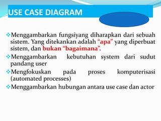 USE CASE DIAGRAM
Menggambarkan fungsiyang diharapkan dari sebuah
sistem. Yang ditekankan adalah “apa” yang diperbuat
sistem, dan bukan “bagaimana”.
Menggambarkan kebutuhan system dari sudut
pandang user
Mengfokuskan pada proses komputerisasi
(automated processes)
Menggambarkan hubungan antara use case dan actor
 
