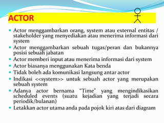 ACTOR
 Actor menggambarkan orang, system atau external entitas /
stakeholder yang menyediakan atau menerima informasi dari
system
 Actor menggambarkan sebuah tugas/peran dan bukannya
posisi sebuah jabatan
 Actor memberi input atau menerima informasi dari system
 Actor biasanya menggunakan Kata benda
 Tidak boleh ada komunikasi langsung antar actor
 Indikasi <<system>> untuk sebuah actor yang merupakan
sebuah system
 Adanya actor bernama “Time” yang mengindikasikan
scheduled events (suatu kejadian yang terjadi secara
periodik/bulanan)
 Letakkan actor utama anda pada pojok kiri atas dari diagram
 
