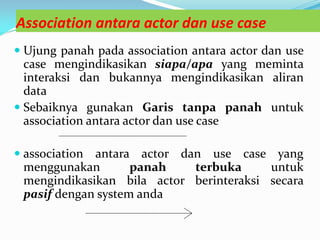 Association antara actor dan use case
 Ujung panah pada association antara actor dan use
case mengindikasikan siapa/apa yang meminta
interaksi dan bukannya mengindikasikan aliran
data
 Sebaiknya gunakan Garis tanpa panah untuk
association antara actor dan use case
 association antara actor dan use case yang
menggunakan panah terbuka untuk
mengindikasikan bila actor berinteraksi secara
pasif dengan system anda
 