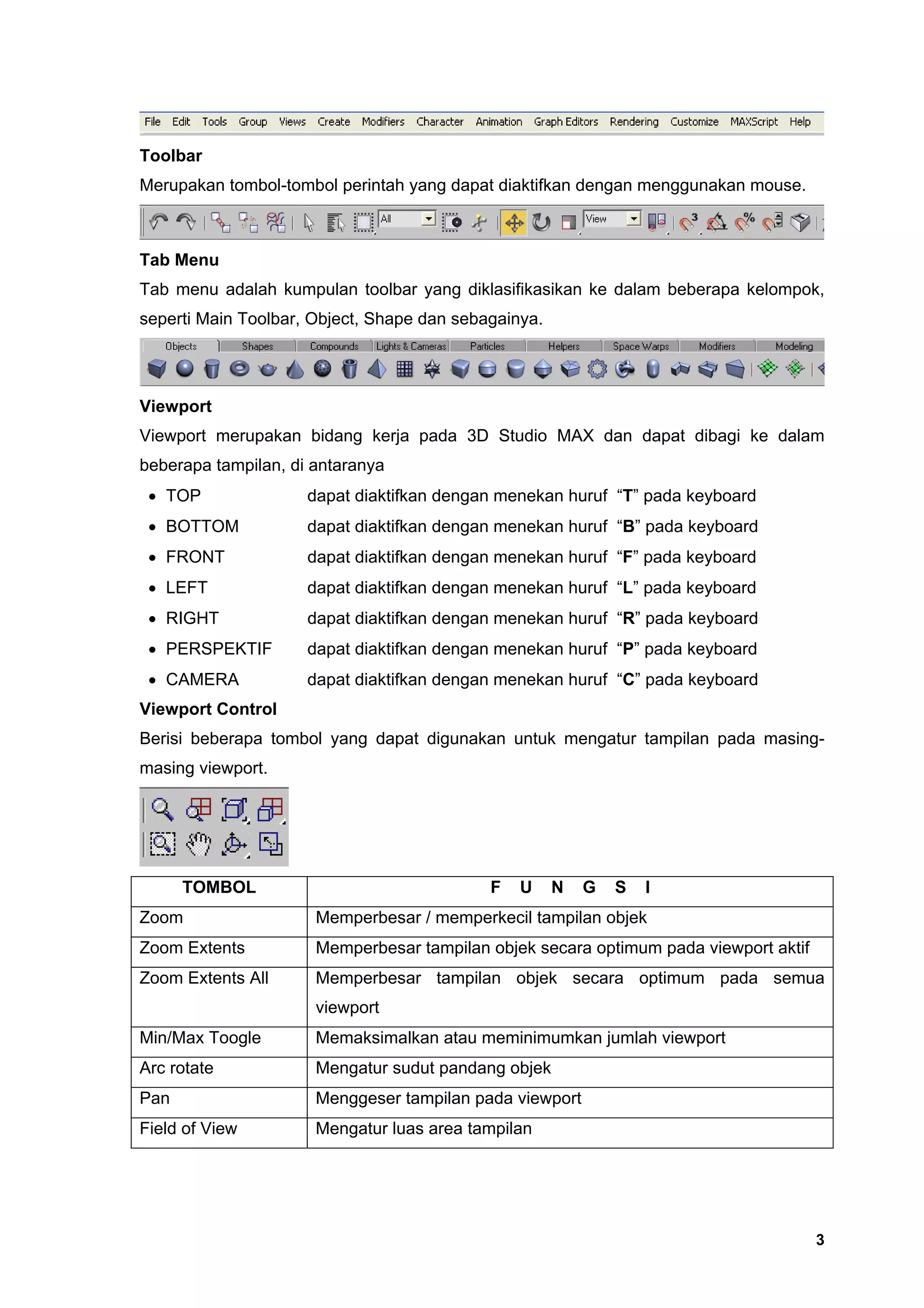Toolbar
Merupakan tombol-tombol perintah yang dapat diaktifkan dengan menggunakan mouse.



Tab Menu
Tab menu adalah kumpulan toolbar yang diklasifikasikan ke dalam beberapa kelompok,
seperti Main Toolbar, Object, Shape dan sebagainya.




Viewport
Viewport merupakan bidang kerja pada 3D Studio MAX dan dapat dibagi ke dalam
beberapa tampilan, di antaranya
 • TOP               dapat diaktifkan dengan menekan huruf “T” pada keyboard
 • BOTTOM            dapat diaktifkan dengan menekan huruf “B” pada keyboard
 • FRONT             dapat diaktifkan dengan menekan huruf “F” pada keyboard
 • LEFT              dapat diaktifkan dengan menekan huruf “L” pada keyboard
 • RIGHT             dapat diaktifkan dengan menekan huruf “R” pada keyboard
 • PERSPEKTIF        dapat diaktifkan dengan menekan huruf “P” pada keyboard
 • CAMERA            dapat diaktifkan dengan menekan huruf “C” pada keyboard
Viewport Control
Berisi beberapa tombol yang dapat digunakan untuk mengatur tampilan pada masing-
masing viewport.




      TOMBOL                                F   U     N   G   S   I
Zoom                  Memperbesar / memperkecil tampilan objek
Zoom Extents          Memperbesar tampilan objek secara optimum pada viewport aktif
Zoom Extents All      Memperbesar tampilan objek secara optimum pada semua
                      viewport
Min/Max Toogle        Memaksimalkan atau meminimumkan jumlah viewport
Arc rotate            Mengatur sudut pandang objek
Pan                   Menggeser tampilan pada viewport
Field of View         Mengatur luas area tampilan




                                                                                      3
 