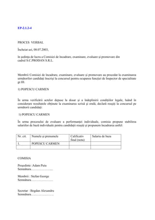 EP-2.1.2-4



PROCES VERBAL

Încheiat azi, 08.07.2003,

în şedinţa de lucru a Comisiei de încadrare, examinare, evaluare şi promovare din
cadrul S.C.PRODAN S.R.L.



Membrii Comisiei de încadrare, examinare, evaluare şi promovare au procedat la examinarea
următorilor candidaţi înscrişi la concursul pentru ocuparea funcţiei de Inspector de specialitate
gr.III.

1) POPESCU CARMEN


În urma verificării actelor depuse la dosar şi a îndeplinirii condiţiilor legale, luând în
considerare rezultatele obţinute la examinarea scrisă şi orală, declară reuşiţi la concursul pe
următorii candidaţi:

1) POPESCU CARMEN

În urma procesului de evaluare a performanţei individuale, comisia propune stabilirea
salariilor de bază individuale pentru candidaţii reuşiţi şi propunem încadrarea astfel:


Nr. crt.     Numele şi prenumele           Calificativ      Salariu de baza
                                           final (nota)
1.           POPESCU CARMEN



COMISIA

Preşedinte :Adam Puiu
Semnătura………………....

Membrii : Stefan George
Semnătura…………………


Secretar : Bogdan Alexandru
Semnătura………………….
 