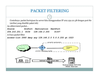 PACKET FILTERING
12
Contohnya: packet bertujuan ke server kita menggunakan IP 202.159.121.38 dengan port 80
(
(atribut y g dimiliki p
yang
paket tsb)
)
An abbreviated packet…
Source
SrcPort Destination DestPort
204.210.251.1 8104
128.146.2.205
31337
A Cisco packet filter
access-list 2640 deny any 128.146.2.0 0.0.0.255 gt 1023

 
