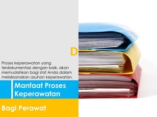Manfaat Proses
Keperawatan
Bagi Perawat
Proses keperawatan yang
terdokumentasi dengan baik, akan
memudahkan bagi staf Anda dalam
melaksanakan asuhan keperawatan.
D
 