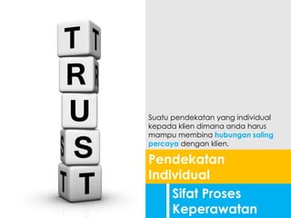 Sifat Proses
Keperawatan
Pendekatan
Individual
Suatu pendekatan yang individual
kepada klien dimana anda harus
mampu membina hubungan saling
percaya dengan klien.
 
