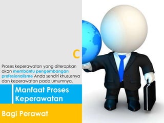 Manfaat Proses
Keperawatan
Bagi Perawat
Proses keperawatan yang diterapkan
akan membantu pengembangan
profesionalisme Anda sendiri khususnya
dan keperawatan pada umumnya.
C
 