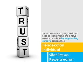 Sifat Proses
Keperawatan
Pendekatan
Individual
Suatu pendekatan yang individual
kepada klien dimana anda harus
mampu membina hubungan saling
percaya dengan klien.
 