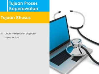 a. Teridentifikasinya masalah-masalah terkait
kebutuhan dasar manusia-nya klien.
b. Dapat menentukan diagnosa
keperawatan.
c. Tersusunnya perencanaan keperawatan
yang tepat untuk mengatasi diagnosa
keperawatan.
d. Terlaksananya tindakan-tindakan
keperawatan secara tepat dan
terencana.
e. Diketahuinya perkembangan klien.
f. Dapat ditentukannya tingkat keberhasilan
asuhan keperawatan.
Tujuan Proses
Keperawatan
Tujuan Khusus
 