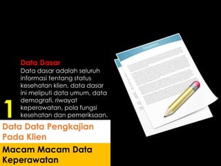 Data Dasar
Data dasar adalah seluruh
informasi tentang status
kesehatan klien, data dasar
ini meliputi data umum, data
demografi, riwayat
keperawatan, pola fungsi
kesehatan dan pemeriksaan.
Macam Macam Data
Keperawatan
Data Data Pengkajian
Pada Klien
1
 