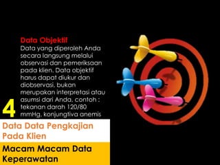 Data Objektif
Data yang diperoleh Anda
secara langsung melalui
observasi dan pemeriksaan
pada klien. Data objektif
harus dapat diukur dan
diobservasi, bukan
merupakan interpretasi atau
asumsi dari Anda, contoh :
tekanan darah 120/80
mmHg, konjungtiva anemis
Macam Macam Data
Keperawatan
Data Data Pengkajian
Pada Klien
4
 