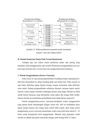 Gambar 11. Waktu pemberian konsentrat untuk ruminansia
Sumber: Alim dan Tidaka (2002)
D. Metode Pemberian Pakan Pada Ternak Ruminansia
Terdapat tiga cara dalam sistem pemberian pakan sapi potong yang
ditujukan untuk pemggemukan sapi tersebut diantaranya penggembalaan (pasture
fattening), kereman (dry lot fattening), dan mengkombinasikan keduanya.
1. Metode Penggembalaan (Pasture Fattening)
Pada sistem ini sapi potong digembalakan di padang rumput sepanjang hari.
Sapi baru dimasukkan ke dalam kandang pada saat malam hari. Pada metode ini
sapi hanya diberikan pakan hijauan berupa rumput, konsentrat tidak diberikan
sama sekali. Padang penggembalaan sebaiknya ditanami tanaman legum seperti
lamtoro, karena legum memiliki kandungan protein yang tinggi. Metode ini lebih
murah karena biayanya yang dikeluarkan untuk pakan dan tenaga lebih rendah.
Namun metode ini memberikan pertambahan berat badan harian yang kecil.
Sistem penggemukan pasture fattening merupakan sistem penggemukan
yang paling murah dibandingkan dengan sistem lain. Hal ini disebabkan biaya
pakan berupa hijauan dan tenaga kerja relatif lebih murah, akan tetapi sistem
penggemukan pasture fattening memerlukan waktu yang lebih lama sekitar 8 - 10
bulan untuk memperoleh hasil penggemukan. Bakalan yang digunakan untuk
metode ini adalah sapi jantan atau betina dengan umur kurang lebih 2.5 tahun.
 