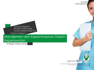 Prodi Keperawatan
Badan Pengembangan dan Pemberdayaan Sumber Daya Manusia
Pusat Pendidikan dan Pelatihan Tenaga Kesehatan
Jakarta 2013
Manajemen dan Kepemimpinan Dalam
Keperawatan
Kegiatan Belajar 3
Tahapan Kegiatan
Perawat Pada Model
Asuhan Keperawatan Tim
Sri Mugiati, S.Kep Ns. M.Kep
Semester 05
 