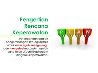 Pengertian
Rencana
Keperawatan
Perencanaan adalah
pengembangan strategi desain
untuk mencegah, mengurangi,
dan mengatasi masalah-masalah
yang telah diidentifikasi dalam
diagnosis keperawatan.
 