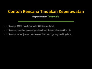 Keperawatan Terapeutik
Contoh Rencana Tindakan Keperawatan
• Lakukan ROM pasif pada kaki klien 4x/hari.
• Lakukan counter presser pada daerah sakral sewaktru His.
• Lakukan manajemen keperawatan luka gangren tiap hari.
 