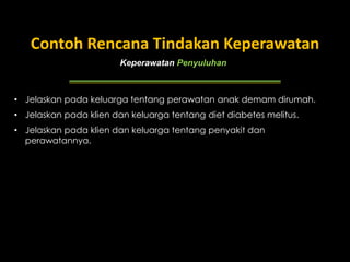 Keperawatan Penyuluhan
Contoh Rencana Tindakan Keperawatan
• Jelaskan pada keluarga tentang perawatan anak demam dirumah.
• Jelaskan pada klien dan keluarga tentang diet diabetes melitus.
• Jelaskan pada klien dan keluarga tentang penyakit dan
perawatannya.
 