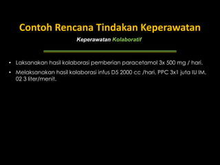 Keperawatan Kolaboratif
Contoh Rencana Tindakan Keperawatan
• Laksanakan hasil kolaborasi pemberian paracetamol 3x 500 mg / hari.
• Melaksanakan hasil kolaborasi infus D5 2000 cc /hari, PPC 3x1 juta IU IM,
02 3 liter/menit.
 