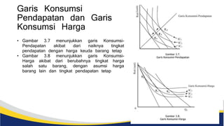 Garis Konsumsi
Pendapatan dan Garis
Konsumsi Harga
• Gambar 3.7 menunjukkan garis Konsumsi-
Pendapatan akibat dari naiknya tingkat
pendapatan dengan harga keuda barang tetap
• Gambar 3.8 menunjukkan garis Konsumsi-
Harga akibat dari berubahnya tingkat harga
salah satu barang, dengan asumsi harga
barang lain dan tingkat pendapatan tetap
 