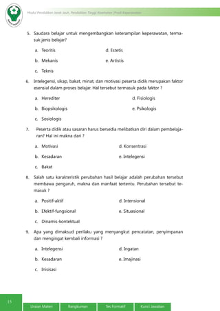 15
Modul Pendidikan Jarak Jauh, Pendidikan Tinggi Kesehatan Prodi Keperawatan
Uraian Materi Rangkuman Tes Formatif Kunci Jawaban
5.	 Saudara belajar untuk mengembangkan keterampilan keperawatan, terma-
suk jenis belajar?
a.	 Teoritis				d. Estetis
b.	 Mekanis				e. Artistis
c.	 Teknis
6.	 Intelegensi, sikap, bakat, minat, dan motivasi peserta didik merupakan faktor
esensial dalam proses belajar. Hal tersebut termasuk pada faktor ?
a.	 Herediter						d. Fisiologis
b.	 Biopsikologis					e. Psikologis
c.	 Sosiologis
7.	 Peserta didik atau sasaran harus bersedia melibatkan diri dalam pembelaja-
ran? Hal ini makna dari ?
a.	 Motivasi					d. Konsentrasi
b.	 Kesadaran					e. Intelegensi
c.	 Bakat
8.	 Salah satu karakteristik perubahan hasil belajar adalah perubahan tersebut
membawa pengaruh, makna dan manfaat tertentu. Perubahan tersebut te-
masuk ?
a.	 Positif-aktif					d. Intensional
b.	 Efektif-fungsional				e. Situasional
c.	 Dinamis-kontektual
9.	 Apa yang dimaksud perilaku yang menyangkut pencatatan, penyimpanan
dan mengingat kembali informasi ?
a.	 Intelegensi 					d. Ingatan
b.	 Kesadaran					e. Imajinasi
c.	 Inisisasi
 