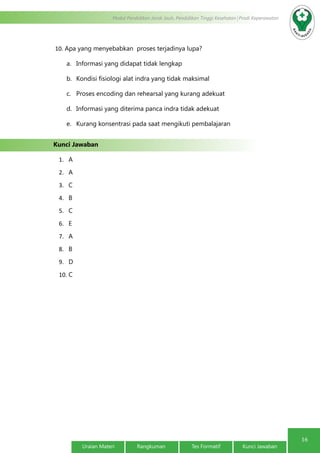 16
Modul Pendidikan Jarak Jauh, Pendidikan Tinggi Kesehatan Prodi Keperawatan
Uraian Materi Rangkuman Tes Formatif Kunci Jawaban
10.	Apa yang menyebabkan proses terjadinya lupa?
a.	 Informasi yang didapat tidak lengkap
b.	 Kondisi fisiologi alat indra yang tidak maksimal
c.	 Proses encoding dan rehearsal yang kurang adekuat
d.	 Informasi yang diterima panca indra tidak adekuat
e.	 Kurang konsentrasi pada saat mengikuti pembalajaran
Kunci Jawaban
1.	 A
2.	 A
3.	 C
4.	 B
5.	 C
6.	 E
7.	 A
8.	 B
9.	 D
10.	C
 