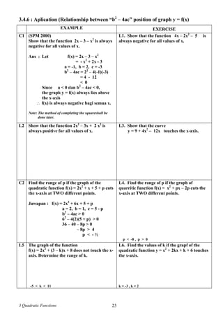3 Quadratic Functions 23
3.4.6 : Aplication (Relationship between “b2
– 4ac” position of graph y = f(x)
EXAMPLE EXERCISE
C1 (SPM 2000)
Show that the function 2x – 3 – x2
is always
negative for all values of x.
Ans : Let f(x) = 2x – 3 – x2
= - x2
+ 2x - 3
a = -1, b = 2, c = -3
b2
– 4ac = 22
– 4(-1)(-3)
= 4 - 12
< 0
Since a < 0 dan b2
– 4ac < 0,
the graph y = f(x) always lies above
the x-axis
 f(x) is always negative bagi semua x.
Note: The method of completing the squareshall be
done later.
L1. Show that the function 4x – 2x2
– 5 is
always negative for all values of x.
L2 Show that the function 2x2
– 3x + 2 x2
is
always positive for all values of x.
L3. Show that the curve
y = 9 + 4x2
– 12x touches the x-axis.
C2 Find the range of p if the graph of the
quadratic function f(x) = 2x2
+ x + 5 + p cuts
the x-axis at TWO different points.
Jawapan : f(x) = 2x2
+ 6x + 5 + p
a = 2, b = 1, c = 5 - p
b2
– 4ac > 0
62
– 4(2)(5 + p) > 0
36 – 40 – 8p > 0
– 8p > 4
p < - ½
L4. Find the range of p if the graph of
quarritic function f(x) = x2
+ px – 2p cuts the
x-axis at TWO different points.
p < -8 , p > 0
L5 The graph of the function
f(x) = 2x2
+ (3 – k)x + 8 does not touch the x-
axis. Determine the range of k.
-5 < k < 11
L6. Find the values of k if the grapf of the
quadratic function y = x2
+ 2kx + k + 6 touches
the x-axis.
k = -3 , k = 2
 
