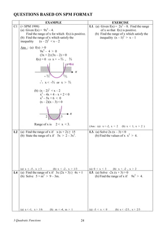 3 Quadratic Functions 24
QUESTIONS BASED ON SPM FORMAT
EXAMPLE EXERCISE
C1 (≈ SPM 1998)
(a) Given f(x) = 9x2
– 4.
Find the range of x for which f(x) is positive.
(b) Find the range of x which satisfy the
inequality (x – 2)2
< x – 2
Ans : (a) f(x) > 0
9x2
– 4 > 0
(3x + 2) (3x – 2) > 0
f(x) = 0  x = - ⅔ , ⅔
 x < -⅔ or x > ⅔
(b) (x – 2)2
< x – 2
x2
– 4x + 4 – x + 2 < 0
x2
– 5x + 6 < 0
(x – 2)(x – 3) < 0
Range of x is 2 < x < 3.
L1. (a) Given f(x) = 2x2
– 8. Find the range
of x so that f(x) is positive.
(b) Find the range of x which satisfy the
inequality (x – 1)2
> x – 1
(Ans : (a) x < -2, x > 2 (b) x < 1, x > 2 )
L2 (a) Find the range of x if x (x + 2) ≥ 15
(b) State the range of x if 5x > 2 – 3x2
.
(a) x ≤ -5 , x ≥ 3 (b) x < -2 , x > 1/3
L3. (a) Solve 2x (x – 3) < 0
(b) Find the values of x x2
> 4.
(a) 0 < x < 3 (b) x < -2 , x > 2
L4 (a) Find the range of x if 3x (2x + 3) ≥ 4x + 1
(b) Solve 5 + m2
> 9 – 3m.
(a) x < -1, x > 1/6 (b) m < -4, m > 1
L5. (a) Solve -2x (x + 3) > 0
(b) Find the range of x if 9x2
> 4.
(a) -3 < x < 0 (b) x < -2/3 , x > 2/3
x
- ⅔ ⅔
y=f(x)
x
2 3
 