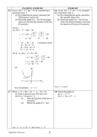 3 Quadratic Functions 25
EXAMPLE /EXERCISE EXERCISE
C2 Given f(x) = x2
+ 2kx + 5k (k constant) has a
minimum value 4.
(a) By completing the square, determine the
TWO positive values of k
(b) Sketch the graph of y = f(x) for the bigger
value of k and state the equation of the axis
of symmetry.
Answer:
(a) f(x) = x2
+ 2kx + 5k
= k
kk
kxx 5
2
2
2
2
2
22
2













= ( x + k)2
- k2
+ 5k
 - k2
+ 5k = 4 ( minimum value)
k2
– 5k + 4 = 0
(k – 1) (k – 4) = 0
k = 1 or k = 4
(b) k = 4, f(x) = x2
+ 8x + 20
= x2
+ 8x +
22
2
8
2
8












+ 20
= ( x + 4)2
- 16 + 20
= ( x + 4)2
+ 4
(ii)
Axis of symmetry : x = - 4.
L6. Given f(x) = x2
+ kx + 3 (k constant)
has a minimum value k.
(a) By completing the square, determine
the possible values of k
(b) Sketch the graph of y = f(x) for the
value of k which id negative and state
the equation of the axis of symmetry.
(Ans: k = -6 atau 2)
L7 Diven y = h + 4kx – 2x2
= q – 2(x + p)2
(a) Find p and q in terms of h and / or k.
(b) If h = -10 and k = 3,
(i) State the equation of the axis of
symmetry,
(ii) Sketch the graph of y = f(x)
(Ans : p = -k , q = 2k2
+ h ; paksi simetri : x = 3)
L8. Sketch the graphs of
(a) y = x2
+ 3
(b) y = 2 (x - 3)2
– 1
y
xO
(-4, 4)
●
4
-4
 