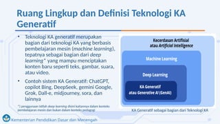 Kementerian Pendidikan Dasar dan Menengah
Ruang Lingkup dan Definisi Teknologi KA
Generatif
• Teknologi KA generatif merupakan
bagian dari teknologi KA yang berbasis
pembelajaran mesin (machine learning),
tepatnya sebagai bagian dari deep
learning* yang mampu menciptakan
konten baru seperti teks, gambar, suara,
atau video.
• Contoh sistem KA Generatif: ChatGPT,
copilot Bing, DeepSeek, gemini Google,
Grok, Dall-e, midjourney, sora, dan
lainnya
KA Generatif sebagai bagian dari Teknologi KA
*) penggunaan istilah deep learning disini kaitannya dalam konteks
pembelajaran mesin dan bukan dalam konteks pedagogi
 