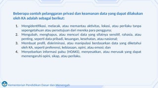 Kementerian Pendidikan Dasar dan Menengah
Beberapa contoh pelanggaran privasi dan keamanan data yang dapat dilakukan
oleh KA adalah sebagai berikut:
1. Mengidentifikasi, melacak, atau memantau aktivitas, lokasi, atau perilaku tanpa
sepengetahuan atau persetujuan dari mereka para pengguna;
2. Mengubah, menghapus, atau mencuri data yang sifatnya sensitif, rahasia, atau
penting, seperti data pribadi, keuangan, kesehatan, atau nasional;
3. Membuat profil, diskriminasi, atau manipulasi berdasarkan data yang diketahui
oleh KA, seperti preferensi, kebiasaan, opini, atau emosi; dan
4. Menyebarkan informasi palsu (HOAKS), menyesatkan, atau merusak yang dapat
memengaruhi opini, sikap, atau perilaku.
 