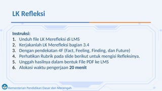 Kementerian Pendidikan Dasar dan Menengah
LK Refleksi
Instruksi:
1. Unduh file LK Merefleksi di LMS
2. Kerjakanlah LK Merefleksi bagian 3.4
3. Dengan pendekatan 4F (Fact, Feeling, Finding, dan Future)
4. Perhatikan Rubrik pada slide berikut untuk mengisi Refleksinya.
5. Unggah hasilnya dalam bentuk File PDF ke LMS
6. Alokasi waktu pengerjaan 20 menit
 