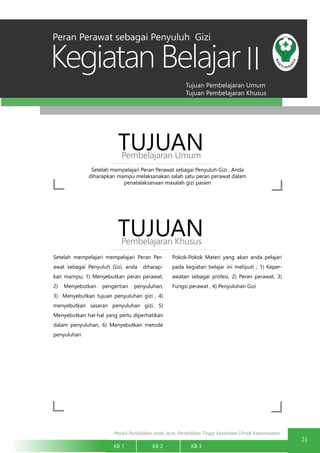Modul Pendidikan Jarak Jauh, Pendidikan Tinggi Kesehatan Prodi Keperawatan
Tujuan Pembelajaran Umum
Tujuan Pembelajaran Khusus
Kegiatan Belajar
21
KB 1		 KB 2		 KB 3		
II
Setelah mempelajari Peran Perawat sebagai Penyuluh Gizi , Anda
diharapkan mampu melaksanakan salah satu peran perawat dalam
penatalaksanaan masalah gizi pasien
TUJUANPembelajaran Umum
TUJUANPembelajaran Khusus
Setelah mempelajari mempelajari Peran Per-
awat sebagai Penyuluh Gizi, anda diharap-
kan mampu; 1) Menyebutkan peran perawat,
2) Menyebutkan pengertian penyuluhan,
3) Menyebutkan tujuan penyuluhan gizi , 4)
menyebutkan sasaran penyuluhan gizi, 5)
Menyebutkan hal-hal yang perlu diperhatikan
dalam penyuluhan, 6) Menyebutkan metode
penyuluhan
Pokok-Pokok Materi yang akan anda pelajari
pada kegiatan belajar ini meliputi ; 1) Keper-
awatan sebagai profesi, 2) Peran perawat, 3)
Fungsi perawat , 4) Penyuluhan Gizi
Peran Perawat sebagai Penyuluh Gizi
 