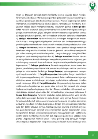 23
Modul Pendidikan Jarak Jauh, Pendidikan Tinggi Kesehatan Prodi Keperawatan
KB 1		 KB 2		 KB 3		
Peran ini dilakukan perawat dalam membantu klien & keluarga dalam mengin-
terpretasikan berbagai informasi dari pemberi pelayanan khususnya dalam pen-
gambilan persetujuan atas tindakan keperawatan. Perawat juga berperan dalam
mempertahankan & melindungi hak-hak pasien . Perawat dapat membantu men-
jelaskan kepada pasien mengenai diet atau kebutuhan gizinya. 3) Sebagai edu-
cator Peran ini dilakukan dengan membantu klien dalam meningkatkan tingkat
pengetahuan kesehatan, gejala penyakit bahkan tindakan yang diberikan sehing-
ga terjadi perubahan perilaku dari klien setelah dilakukan pendidikan kesehatan,
4) Sebagai koordinator Peran ini dilaksanakan dengan mengarahkan, meren-
canakan serta mengorganisasi pelayanan kesehatan dari tim kesehatan sehingga
pemberi pelayanan kesehatan dapat terarah serta sesuai dengan kebutuhan klien.
5) Sebagai kolaborator, Peran ini dilakukan karena perawat bekerja melalui tim
kesehatan yang terdiri dari dokter, fisioterapi, perawat berkolaberasi dengan ahli
gizi dalam menangani masalah diet pasien, dengan berupaya mengidentifikasi
pelayanan keperawatan yang diperlukan. 6) Sebagai konsultan Perawat berper-
an sebagai tempat konsultasi dengan mengadakan perencanaan, kerjasama, pe-
rubahan yang sistematis & terarah sesuai dengan metode pemberian pelayanan
keperawatan, 7) Sebagai pembaharu, Perawat mengadakan perencanaan, ker-
jasama, perubahan yang sistematis & terarah sesuai dengan metode pemberian
pelayanan keperawatan. Berikutnya Fungsi Perawat, seorang perawat mempu-
nyai fungsi antara lain : 1) Fungsi Independen, Merupakan fungsi mandiri & ti-
dak tergantung pada orang lain, dimana perawat dalam melaksanakan tugasnya
dilakukan secara sendiri dengan keputusan sendiri dalam melakukan tindakan
untuk memenuhi KDM. 2) Fungsi Dependen, Merupakan fungsi perawat dalam
melaksanakan kegiatannya atas pesan atau instruksi dari perawat lain sebagai
tindakan pelimpahan tugas yang diberikan. Biasanya dilakukan oleh perawat spe-
sialis kepada perawat umum, atau dari perawat primer ke perawat pelaksana. 3)
Fungsi Interdependen, Fungsi ini dilakukan dalam kelompok tim yang bersifat
saling ketergantungan diantara tim satu dengan yang lainnya. Fungsi ini dapat
terjadi apabila bentuk pelayanan membutuhkan kerjasama tim dalam pemebrian
pelayanan. Keadaan ini tidak dapat diatasi dengan tim perawat saja melainkan
juga dari dokter ataupun lainnya. Kiat keperawatan (nursing arts) lebih difokus-
kan pada kemampuan perawat untuk memberikan asuhan keperawatan secara
komprehensif dengan sentuhan seni dalam arti menggunakan kiat – kiat tertentu
dalam upaya memberikan kenyaman dan kepuasan pada klien. Sebagai suatu
profesi , keperawatan memiliki unsur – unsur penting yang bertujuan mengar-
ahkan kegiatan keperawatan yang dilakukan yaitu respon manusia sebagai fokus
 