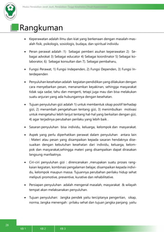 28
Modul Pendidikan Jarak Jauh, Pendidikan Tinggi Kesehatan Prodi Keperawatan
KB 1		 KB 2		 KB 3		
Rangkuman
•	 Keperawatan adalah Ilmu dan kiat yang berkenaan dengan masalah-mas-
alah fisik, psikologis, sosiologis, budaya, dan spiritual individu
•	 Peran perawat adalah :1) Sebagai pemberi asuhan keperawatan 2) Se-
bagai advokat 3) Sebagai educator 4) Sebagai koordinator 5) Sebagai ko-
laborator, 6) Sebagai konsultan dan 7). Sebagai pembaharu,
•	 Fungsi Perawat, 1) Fungsi Independen, 2) Fungsi Dependen, 3) Fungsi In-
terdependen
•	 Penyuluhan kesehatan adalah kegiatan pendidikan yang dilakukan dengan
cara menyebarkan pesan, menanamkan keyakinan, sehingga masyarakat
tidak saja sadar, tahu dan mengerti, tetapi juga mau dan bisa melakukan
suatu anjuran yang ada hubungannya dengan kesehatan.
•	 Tujuan penyuluhan gizi adalah 1) untuk membentuk sikap positif terhadap
gizi, 2) menambah pengetahuan tentang gizi, 3) menimbulkan motivasi
untuk mengetahui lebih lanjut tentang hal-hal yang berkaitan dengan gizi,
4) agar terjadinya perubahan perilaku yang lebih baik .
•	 Sasaran penyuluhan bisa individu, keluarga, kelompok dan masyarakat.
•	 Aspek yang perlu diperhatikan perawat dalam penyuluhan antara lain
: Materi atau pesan yang disampaikan kepada sasaran hendaknya dise-
suaikan dengan kebutuhan kesehatan dari individu, keluarga, kelom-
pok dan masyarakat,sehingga materi yang disampaikan dapat dirasakan
langsung manfaatnya.
•	 Ciri-ciri penyuluhan gizi : direncanakan ,merupakan suatu proses rang-
kaian kegiatan, kombinasi pengalaman belajar, disampaikan kepada indivi-
du, kelompok maupun massa. Tujuannya perubahan perilaku hidup sehat
meliputi promotive, preventive, kurative dan rehabilitative.
•	 Persiapan penyuluhan adalah mengenal masalah, masyarakat & wilayah
tempat akan melaksanakan penyuluhan.
•	 Tujuan penyuluhan: Jangka pendek yaitu terciptanya pengertian, sikap,
norma, Jangka menengah : prilaku sehat dan tujuan jangka panjang yaitu
 