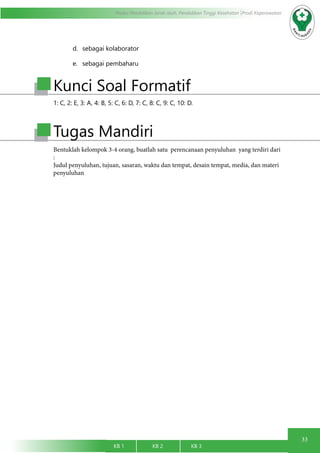 33
Modul Pendidikan Jarak Jauh, Pendidikan Tinggi Kesehatan Prodi Keperawatan
KB 1		 KB 2		 KB 3		
1: C, 2: E, 3: A, 4: B, 5: C, 6: D, 7: C, 8: C, 9: C, 10: D.
Kunci Soal Formatif
Tugas Mandiri
Bentuklah kelompok 3-4 orang, buatlah satu perencanaan penyuluhan yang terdiri dari
:
Judul penyuluhan, tujuan, sasaran, waktu dan tempat, desain tempat, media, dan materi
penyuluhan
d.	 sebagai kolaborator
e.	 sebagai pembaharu
 