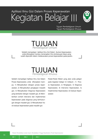 Modul Pendidikan Jarak Jauh, Pendidikan Tinggi Kesehatan Prodi Keperawatan
Tujuan Pembelajaran Umum
Tujuan Pembelajaran Khusus
Kegiatan Belajar
34
KB 1		 KB 2		 KB 3		
III
Setelah mempelajari Aplikasi Ilmu Gizi Dalam Asuhan Keperawatan,
anda diharapkan mampu menerapkan ilmu tentang gizi dasar yang
sudah diperoleh dalam melaksanakan proses keperawatan pada pasien.
TUJUANPembelajaran Umum
TUJUANPembelajaran Khusus
Setelah mempelajari Aplikasi Ilmu Gizi Dalam
Proses Keperawatan, anda diharapkan mam-
pu; 1) Menyebutkan tahapan proses keper-
awatan, 2) Menyebutkan pengkajian masalah
gizi, 3) Menyebutkan Diagnosa Keperawatan
yang berkaitan dengan masalah gizi, 4) Mem-
berikan contoh intervensi dan implementasi
keperawatan pada diagnosa yang berhubun-
gan dengan masalah gizi, 5) Menyebutkan ha-
sil evaluasi keperawatan pada masalah gizi
Pokok-Pokok Materi yang akan anda pelajari
pada kegiatan belajar ini meliputi ; 1) Pros-
es Keperawatan, 2) Pengkajian, 3) Diagnosa
Keperawatan, 4) Intervensi Keperawatan, 5)
Implementasi Keperawatan, 6) Evaluasi Keper-
awatan
Aplikasi Ilmu Gizi Dalam Proses Keperawatan
 