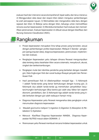 39
Modul Pendidikan Jarak Jauh, Pendidikan Tinggi Kesehatan Prodi Keperawatan
KB 1		 KB 2		 KB 3		
evaluasi hasil dari intervensi secara komprehensif, tepat waktu dan terus menerus;
2) Menggunakan data dasar dan respon klien dalam mengukur perkembangan
ke arah pencapaian tujuan; 3) Memvalidasi dan menganalisis data baru dengan
sejawat dan klien; 4) Bekerja sama dengan klien, keluarga untuk memodifikasi
rencana asuhan keperawatan; 5) Mendokumentasikan hasil evaluasi dan memod-
ifikasi perencanaan. Evaluasi keperawatan ini dibuat sesuai dengan klasifikasi dari
Nursing Outcome Classification (NOC).
Rangkuman
•	 Proses keperawatan merupakan lima tahap proses yang konsisten, sesuai
dengan perkembangan profesi keperawatan. Meliputi 5 Standar : pengka-
jian (pengumpulan data), diagnosa keperawatan, perencanaan, implemen-
tasi dan evaluasi.
•	 Pengkajian Keperawatan yaitu tahapan dimana Perawat mengumpulkan
data tentang status kesehatan klien secara sistematis, menyeluruh, akurat,
singkat dan berkesinambungan.
•	 Pengkajian mulai dari identitas penderita yang berkaitan dengan masalah
gizi, Data lingkungan fisik dan sosial budaya Riwayat penyakit dan Pemer-
iksaan Fisik
•	 Hasil pemeriksaan fisik ini dikelompokkan menjadi tiga : 1) Kelompok
1 adalah Tanda-tanda yang benar berhubungan dengan kurang gizi, 2)
Kelompok dua adalah tanda-tanda yg memerlukan penyelidikan lanju-
tan/mungkin berhubungan (Bisa karena gizi salah atau faktor lain seperti
ekonomi, pendidikan), dan 3) Kelompok tiga adalah tanda-tanda yang ti-
dak berkaitan dengan gizi salah walaupun hampir mirip.
•	 Diagnosa Keperawatan yaitu Perawat menganalisa data pengkajian untuk
merumuskan diagnosis keperawatan
•	 Masalah gizi/nutrisi meliputi 1) Ingestion 2) Digestion 3) Absorption 4) Me-
tabolism 5) Hydration
•	 Menurut Klasifikasi Diagnosa Keperawatan NANDA, Diagnosa Keper-
awatan NUTRISI masuk dalam DOMAIN : 2
•	 Perencanaan yaitu Perawat membuat rencana tindakan keperawatan untuk
 