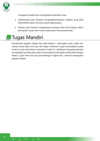 40
Modul Pendidikan Jarak Jauh, Pendidikan Tinggi Kesehatan Prodi Keperawatan
KB 1		 KB 2		 KB 3		
mengatasi masalah dan meningkatkan kesehatan klien.
•	 Implementasi yaitu Perawat mengimplementasikan tindakan yang telah
diidentifikasi dalam rencana asuhan keperawatan.
•	 Evaluasi yaitu Perawat mengevaluasi kemajuan klien thd tindakan dalam
pencapaian tujuan dan merevisi data dasar serta perencanaan.
Tugas Mandiri
Demikianlah kegiatan belajar kita pada Modul 1, diharapkan anda sudah me-
mahami dasar-dasar ilmu gizi dan dapat memenuhi tujuan pembelajaran pada
modul ini, jika anda belum memahami modul ini, sebaiknya mengulang kembali
mempelajarinya tetapi jika sudah merasa paham anda dapat melanjutkan dengan
Modul 2 yaitu Peran Zat Gizi pada Berbagai Tingkat Usia, Selamat melanjutkan
kegiatan belajar..
 
