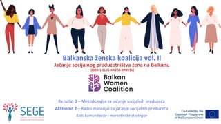 Rezultat 2 – Metodologija za jačanje socijalnih preduzeća
Aktivnost 2 – Radni materijal za jačanje socijalnih preduzeća
Alati komunikacije i marketinške strategije
Balkanska ženska koalicija vol. II
Jačanje socijalnog preduzetništva žena na Balkanu
(2020-1-EL01-KA204-078936)
 