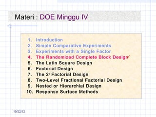 Materi : DOE Minggu IV


            1.   Introduction
            2.   Simple Comparative Experiments
            3.   Experiments with a Single Factor
            4.   The Randomized Complete Block Design  
            5.   The Latin Square Design
            6.   Factorial Design
            7.   The 2 k Factorial Design
            8.   Two-Level Fractional Factorial Design
            9.   Nested or Hierarchial Design
           10.   Response Surface Methods



10/22/12
 
