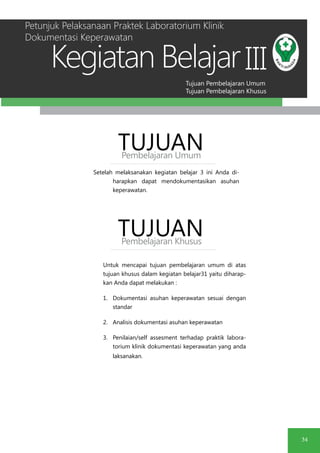 Tujuan Pembelajaran Umum
Tujuan Pembelajaran Khusus
Kegiatan Belajar
34
III
Setelah melaksanakan kegiatan belajar 3 ini Anda di-
harapkan dapat mendokumentasikan asuhan
keperawatan.
TUJUANPembelajaran Umum
TUJUANPembelajaran Khusus
Untuk mencapai tujuan pembelajaran umum di atas
tujuan khusus dalam kegiatan belajar31 yaitu diharap-
kan Anda dapat melakukan :
1.	 Dokumentasi asuhan keperawatan sesuai dengan
standar
2.	 Analisis dokumentasi asuhan keperawatan
3.	 Penilaian/self assesment terhadap praktik labora-
torium klinik dokumentasi keperawatan yang anda
laksanakan.
Petunjuk Pelaksanaan Praktek Laboratorium Klinik
Dokumentasi Keperawatan
 