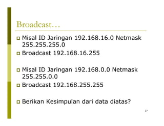 Broadcast… 
‡‡ Misal ID Jaringan 192.168.16.0 Netmask 
255.255.255.0 
‡ Broadcast 192.168.16.255 
‡‡ Misal ID Jaringan 192.168.0.0 Netmask 
255.255.0.0 
‡‡ Broadcast 192.168.255.255 
‡ Berikan Kesimpulan dari data diatas? 
27 
 