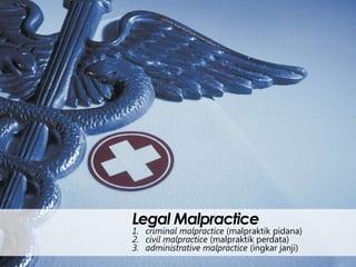 Legal Malpractice

1. criminal malpractice (malpraktik pidana)
2. civil malpractice (malpraktik perdata)
3. administrative malpractice (ingkar janji)

 