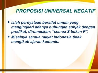 PROPOSISI UNIVERSAL NEGATIF
 ialah

pernyataan bersifat umum yang
mengingkari adanya hubungan subjek dengan
predikat, dirumuskan: “semua S bukan P”.
 Misalnya semua rakyat Indonesia tidak
mengikuti ajaran komunis.

 