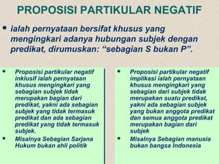 PROPOSISI PARTIKULAR NEGATIF
 ialah

pernyataan bersifat khusus yang
mengingkari adanya hubungan subjek dengan
predikat, dirumuskan: “sebagian S bukan P”.







Proposisi partikular negatif
Proposisi partikular negatif
inklusif ialah pernyataan
inklusif ialah pernyataan
khusus mengingkari yang
khusus mengingkari yang
sebagian subjek tidak
sebagian subjek tidak
merupakan bagian dari
merupakan bagian dari
predikat, yakni ada sebagian
predikat, yakni ada sebagian
subjek yang tidak termasuk
subjek yang tidak termasuk
predikat dan ada sebagian
predikat dan ada sebagian
predikat yang tidak termasuk
predikat yang tidak termasuk
subjek.
subjek.
Misalnya Sebagian Sarjana
Misalnya Sebagian Sarjana
Hukum bukan ahli politik
Hukum bukan ahli politik







Proposisi partikular negatif
Proposisi partikular negatif
implikasi ialah pernyataan
implikasi ialah pernyataan
khusus mengingkari yang
khusus mengingkari yang
sebagian dari subjek tidak
sebagian dari subjek tidak
merupakan suatu predikat,
merupakan suatu predikat,
yakni ada sebagian subjek
yakni ada sebagian subjek
yang bukan anggota predikat
yang bukan anggota predikat
dan semua anggota predikat
dan semua anggota predikat
merupakan bagian dari
merupakan bagian dari
subjek
subjek
Misalnya Sebagian manusia
Misalnya Sebagian manusia
bukan bangsa Indonesia
bukan bangsa Indonesia

 