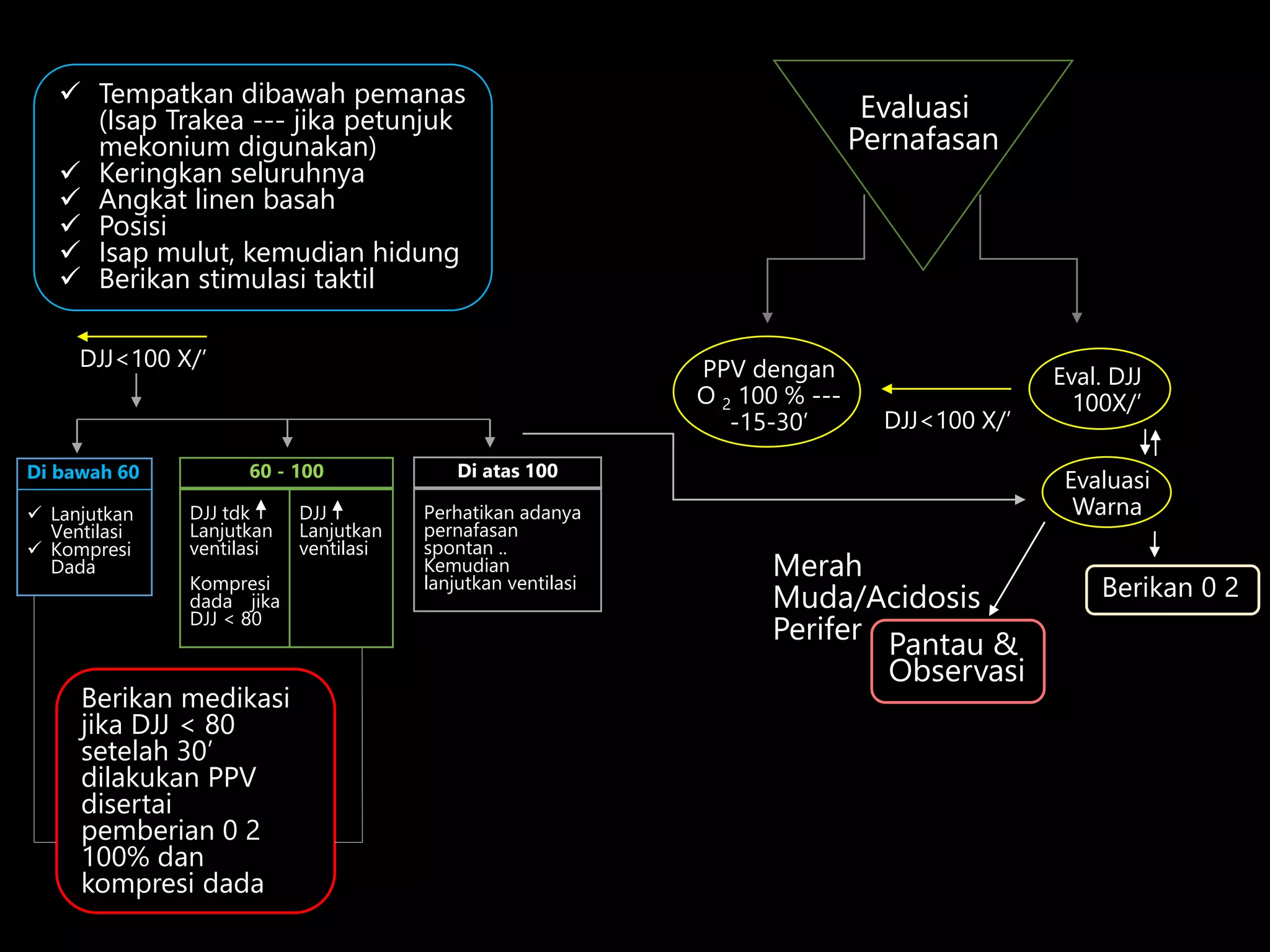 Berikan medikasi
jika DJJ < 80
setelah 30’
dilakukan PPV
disertai
pemberian 0 2
100% dan
kompresi dada
 Tempatkan dibawah pemanas
(Isap Trakea --- jika petunjuk
mekonium digunakan)
 Keringkan seluruhnya
 Angkat linen basah
 Posisi
 Isap mulut, kemudian hidung
 Berikan stimulasi taktil
Evaluasi
Pernafasan
PPV dengan
O 2 100 % ---
-15-30’
Eval. DJJ
100X/’
DJJ<100 X/’
DJJ<100 X/’
Evaluasi
Warna
Di bawah 60
 Lanjutkan
Ventilasi
 Kompresi
Dada
60 - 100
DJJ tdk
Lanjutkan
ventilasi
Kompresi
dada jika
DJJ < 80
DJJ
Lanjutkan
ventilasi
Di atas 100
Perhatikan adanya
pernafasan
spontan ..
Kemudian
lanjutkan ventilasi
Pantau &
Observasi
Berikan 0 2
Merah
Muda/Acidosis
Perifer
 