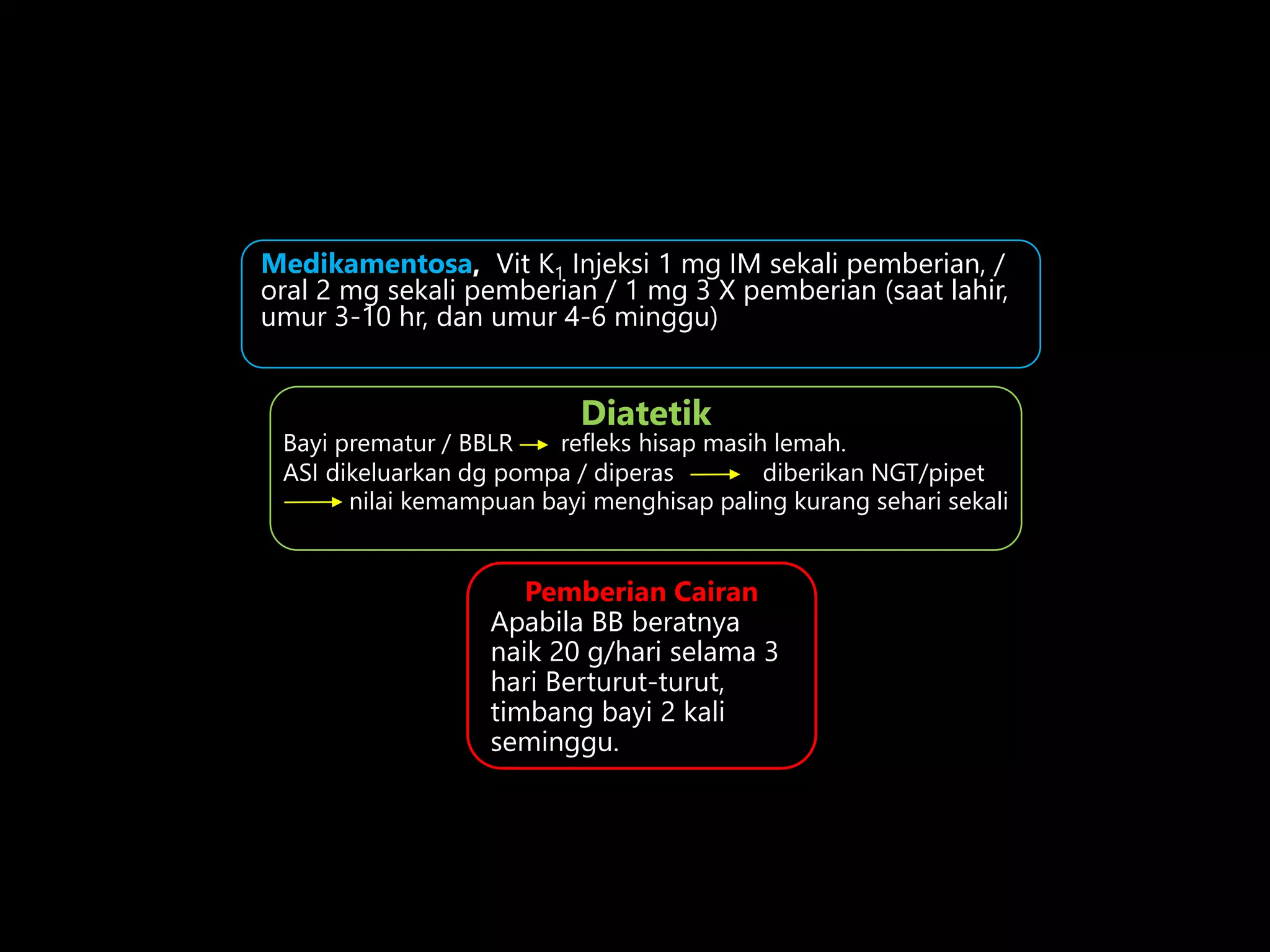 Pemberian Cairan
Apabila BB beratnya
naik 20 g/hari selama 3
hari Berturut-turut,
timbang bayi 2 kali
seminggu.
Medikamentosa, Vit K1 Injeksi 1 mg IM sekali pemberian, /
oral 2 mg sekali pemberian / 1 mg 3 X pemberian (saat lahir,
umur 3-10 hr, dan umur 4-6 minggu)
Diatetik
Bayi prematur / BBLR refleks hisap masih lemah.
ASI dikeluarkan dg pompa / diperas diberikan NGT/pipet
nilai kemampuan bayi menghisap paling kurang sehari sekali
 
