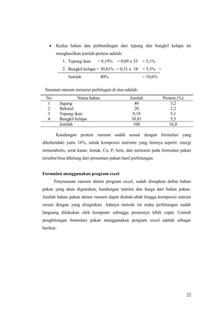 22
 Kedua bahan dan perbandingan dari tepung dan bungkil kelapa ini
menghasilkan jumlah protein adalah:
1. Tepung ikan = 9,19% = 0,09 x 55 = 5,1%
2. Bungkil kelapa = 30,81% = 0,31 x 18 = 5,5% +
Jumlah 40% = 10,6%
Susunan ransum menurut perhitugan di atas adalah:
No Nama bahan Jumlah Protein (%)
1 Jagung 40 3,2
2 Bekatul 20 2,2
3 Tepung ikan 9,19 5,1
4 Bungkil kelapa 30,81 5,5
Jumlah 100 16,0
Kandungan protein ransum sudah sesuai dengan formulasi yang
dikehendaki yaitu 16%, untuk komposisi nutrienn yang lainnya seperti: energi
termetabolis, serat kasar, lemak, Ca, P, lisin, dan metionin pada formulasi pakan
tersebut bisa dihitung dari prosentasi pakan hasil perhitungan.
Formulasi menggunakan program excel
Penyusunan ransum dalam program excel, sudah disiapkan daftar bahan
pakan yang akan digunakan, kandungan nutrien dan harga dari bahan pakan.
Jumlah bahan pakan dalam ransum dapat diubah-ubah hingga komposisi nutrien
sesuai dengan yang diinginkan. Adanya metode ini maka perhitungan sudah
langsung dilakukan oleh komputer sehingga prosesnya lebih cepat. Contoh
penghitungan formulasi pakan menggunakan porgram excel adalah sebagai
berikut:
 