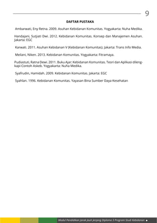 Modul Pendidikan Jarak Jauh Jenjang Diploma 3 Program Studi Kebidanan
9
DAFTAR PUSTAKA
Ambarwati, Eny Retna. 2009. Asuhan Kebidanan Komunitas. Yogyakarta: Nuha Medika.
Handajani, Sutjiati Dwi. 2012. Kebidanan Komunitas. Konsep dan Manajemen Asuhan.
Jakarta: EGC
Karwati. 2011. Asuhan Kebidanan V (Kebidanan Komunitas). Jakarta: Trans Info Media.
Meilani, Niken. 2013. Kebidanan Komunitas. Yogyakarta: Fitramaya.
Pudiastuti, Ratna Dewi. 2011. Buku Ajar: Kebidanan Komunitas. Teori dan Aplikasi dileng-
kapi Contoh Askeb. Yogyakarta: Nuha Medika.
Syafrudin, Hamidah. 2009. Kebidanan Komunitas. Jakarta: EGC
Syahlan. 1996. Kebidanan Komunitas. Yayasan Bina Sumber Daya Kesehatan
 