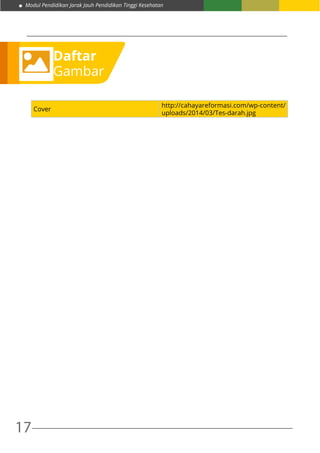 17
Modul Pendidikan Jarak Jauh Pendidikan Tinggi Kesehatan
Daftar
Gambar
Cover
http://cahayareformasi.com/wp-content/
uploads/2014/03/Tes-darah.jpg
 